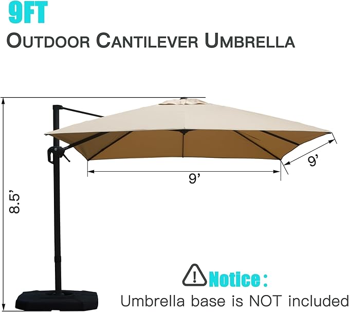 Domi 9’x9’ Cantilever Patio Umbrella, Aluminum Windproof Outdoor Umbrella with 360°Rotation, Square Offset Sun Shade Umbrella for Outside Deck Backyard Garden Pool, Beige