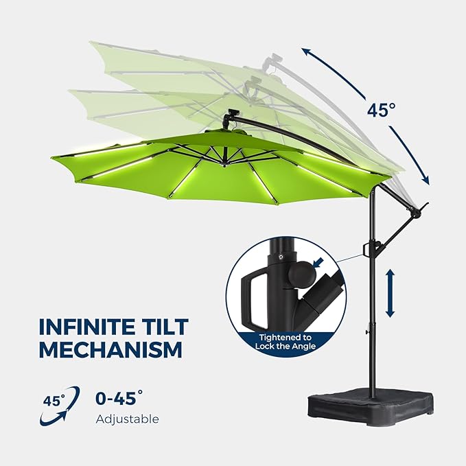 HOMSHADE 10ft Solar Lights Offset Cantilever Patio Umbrella - with Light and Base, LED Lighted Offset Hanging Patio Outdoor Market Umbrella UPF50+ UV Protection with Easy Tilt and Crank (Green)