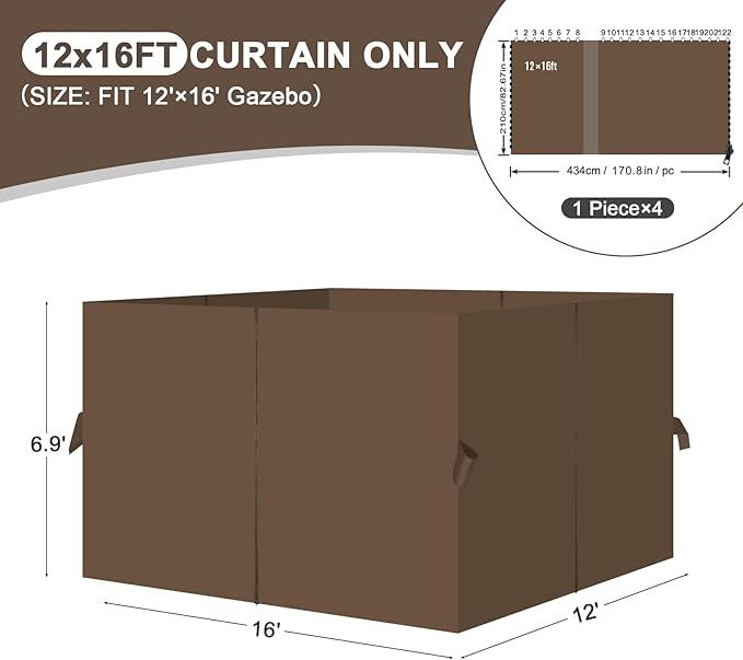 Aoodor 12x16 ft Outdoor Gazebo Curtains, 4 Panels Waterproof Privacy Sidewall Replacement with Zipper for Patio Pergola and Canopy, Brown
