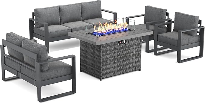 Outdoor Aluminum Furniture Set with Fire Pit Table - 5 Pieces Modern Patio Conversation Sets Metal Sectional Sofa Set