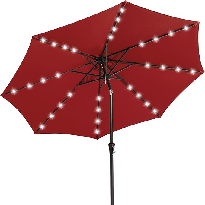 JEAREY Upgrade 10FT LED Lighted Patio Umbrella, Solar Outdoor Umbrella, Tilt Table Umbrella for Pool(Red)