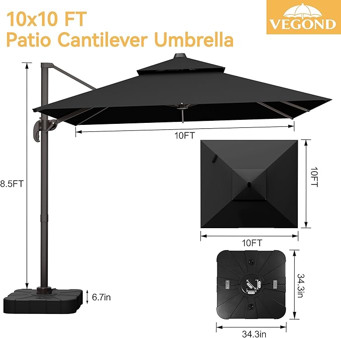 VEGOND 10x10 FT Patio Cantilever Umbrella with Base, Rectangular Heavy Duty Offset Umbrella for 6-8 People, 360°Rotation & Mult Tilt, Double Top Design, for Pool Garden Deck (Black)