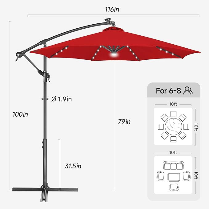 Solar Offset Patio Umbrella - 10 FT Solar Cantilever Umbrella Outdoor with 40 LED Lights and Cross Base, UV Protection for Garden, Deck, Backyard, Pool, Porch, Red