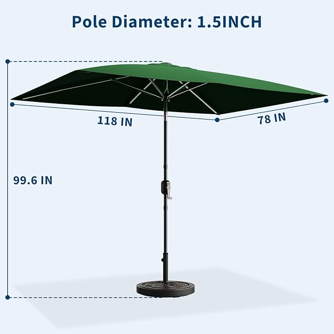 Garvee 10' x 6.5' Rectangular Patio Umbrella, Outdoor Table Umbrella with Crank and Push Button Tilt, Market Umbrella Sun Umbrella with 6 Sturdy Ribs Tilt for Garden, Deck, Lawn, Pool -Dark Green