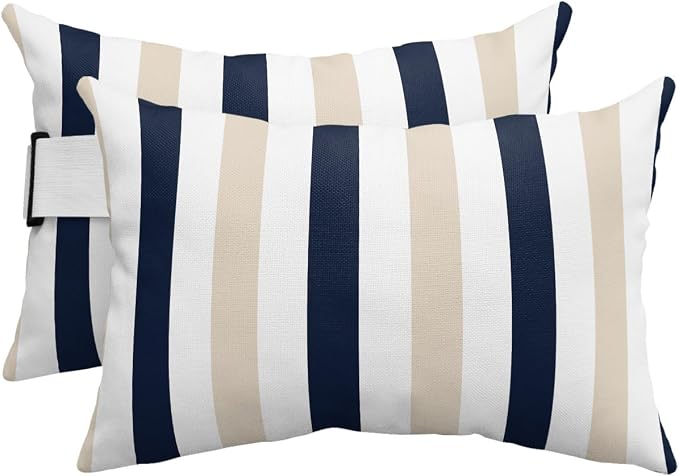 Outdoor Pillows Waterproof Covers Set of 2, Black Khaki Stripes Adjustable Elastic Chaise Lounge Headrest Pillow Covers, Contrast Striped Decorative Lumbar Pillow for Pool Patio Furniture 20x12 Inch