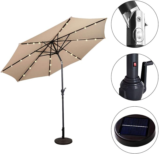 Goplus SPSUPE Patio, Solar Powered Umbrella with 18 LED Lights, Beige, 9 ft (Patio Umbrella)