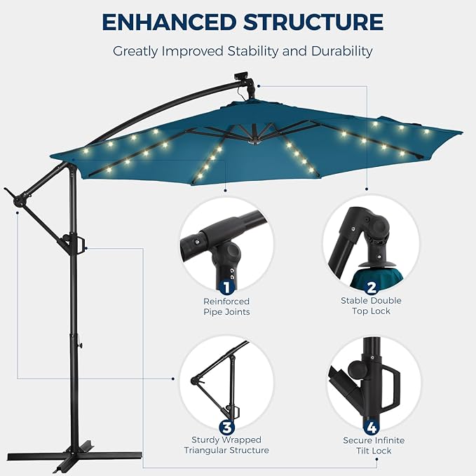 HOMSHADE 10ft Solar Lights Offset Cantilever Patio Umbrella - with Light and Base, LED Lighted Offset Hanging Patio Outdoor Market Umbrella UPF50+ UV Protection with Easy Tilt and Crank (Peacock Blue)