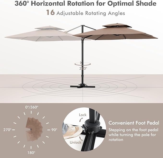 Tangkula 9.5 FT Cantilever Patio Umbrella, Outdoor Square Offset Umbrella with 360° Rotation, Double Top Heavy Duty Patio Hanging Umbrella with Cross Base for Garden Deck Pool Backyard (Tan)