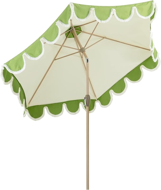 Tempera 9ft Scalloped Patio Umbrellas with Fringe, Market Umbrellas with Water-Resistant and Fade Resistant Canopy, 1.5" Wood Pole & Button Tilt,Green Beige Spliced