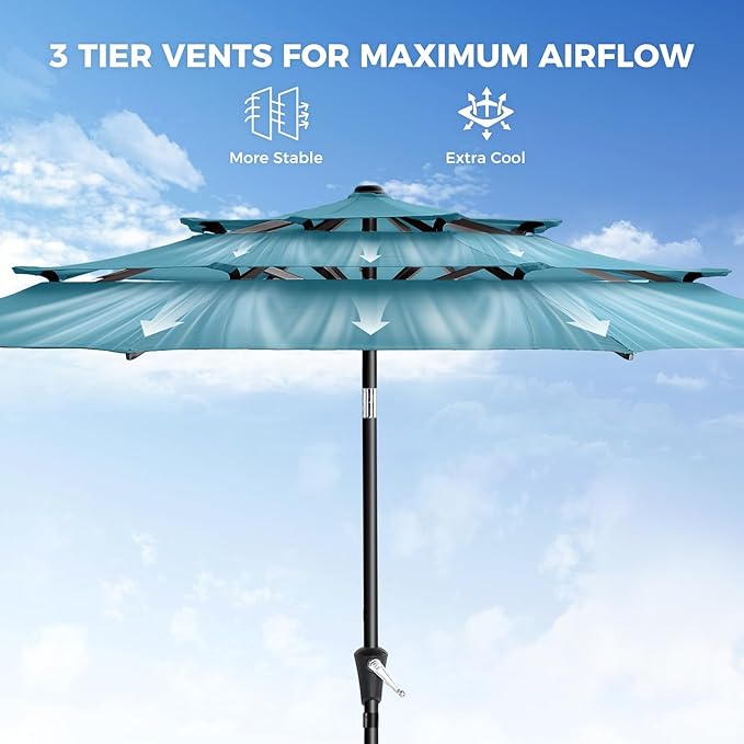HOMSHADE 9FT 3-Tiers Outdoor Patio Umbrella with 5-Year Fade Resistant,Vented Outdoor Commercial Market Umbrella with UPF50+ UV Protection & Push Button Tilt and Crank for Pool,Backyard(Light Blue)