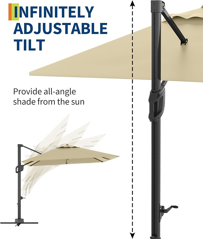 Garvee 10' x 10' Heavy Duty Square Cantilever Umbrella, Aluminum Offset Outdoor Patio Umbrella with 360-Degree Rotation for Backyard, Deck, Pool