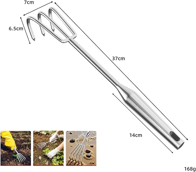 Hand Rake Stainless Steel Heavy Duty Garden Rake Weeding Tool Ergonomic Claw Rake Soil Tiller Portable Planting Rake Suitable for Flower Beds Yard Wor, 3 Tine Long Handle