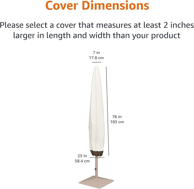 Amazon Basics Outdoor Patio Umbrella Cover, Waterproof Fabric Protects Against Rain and UV, All-Season Protection, Beige/White, 7" x 23" x 76"