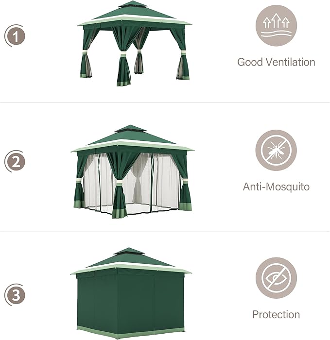 LAUSAINT HOME 10'x10' Outdoor Gazebo, Metal Frame Heavy Duty Patio Canopy Tent Shelter with Double Roofs, Mosquito Nettings and Privacy Screens for Backyard, Garden, Lawn, Forest Green