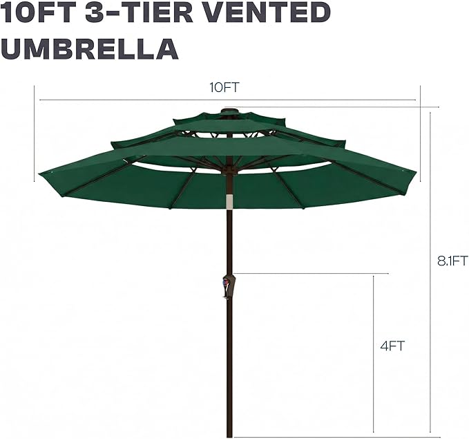 10ft 3 Tier Patio Umbrella, Outdoor Market Table Umbrella with UPF 50+ Vented Canopy, 8 Sturdy Ribs, Easy Push Button Tilt and Crank, Windproof for Deck, Pool, Backyard and Garden
