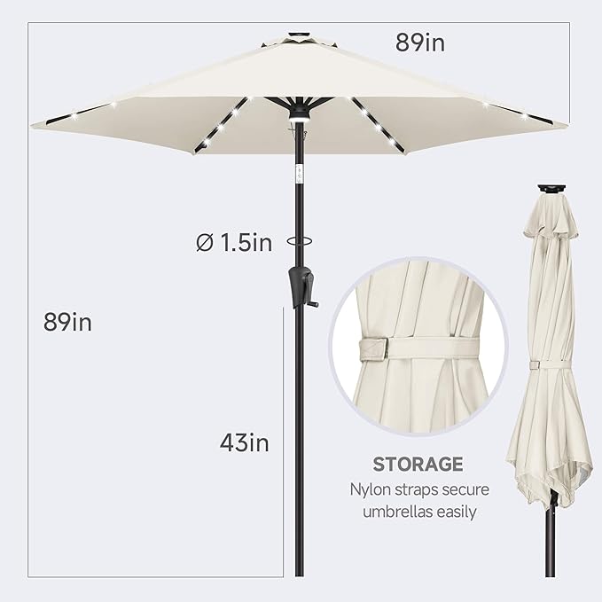 FLAME&SHADE 7.5 FT Solar Light Patio Umbrella, 24 LED Lights Outdoor Umbrella with Centre Surround Light, Table Umbrella Outdoor Patio for Deck, Pool, Backyard, Garden, UV Protection (Ivory)