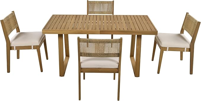 Harper & Bright Designs Multi-Person Outdoor Acacia Wood Dining Table and Chair Set, Thick Cushions, Suitable for Balcony, Vourtyard, and Garden.
