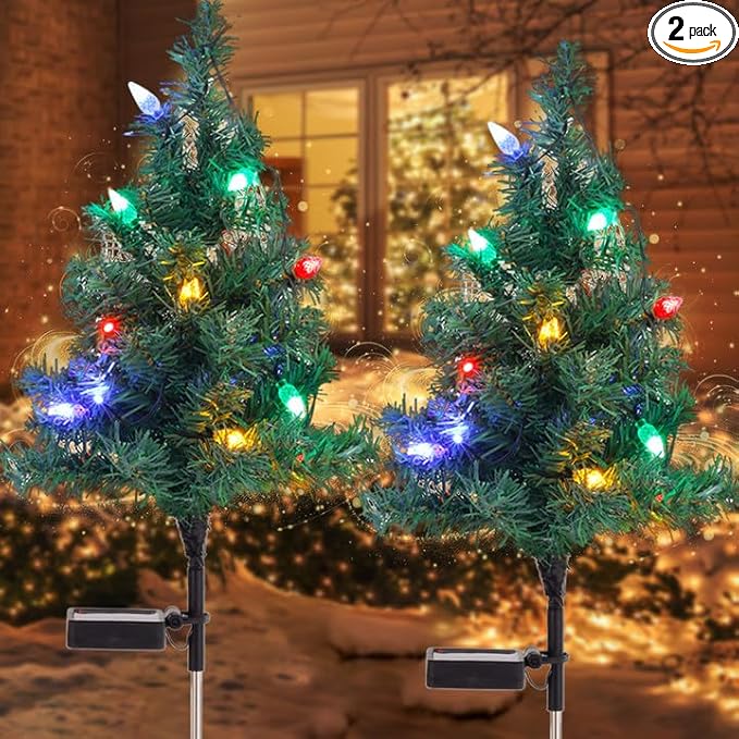 ULAROOM Solar Christmas Tree Lights Decorations - Outdoor Waterproof Xmas Pathway Stake with 20 Strawberry LED in 4 Colors for Garden/Patio/Lawn/Yard, Ornament 2 Packs