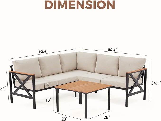 MELLCOM 6 Pieces Patio Furniture Sets, L-Shaped Patio Conversation Sets Metal Outdoor Sectional Sofa with Fauxwood Coffee Table & 6.5" Olefin Cushions for Backyard, Garden, Poolside
