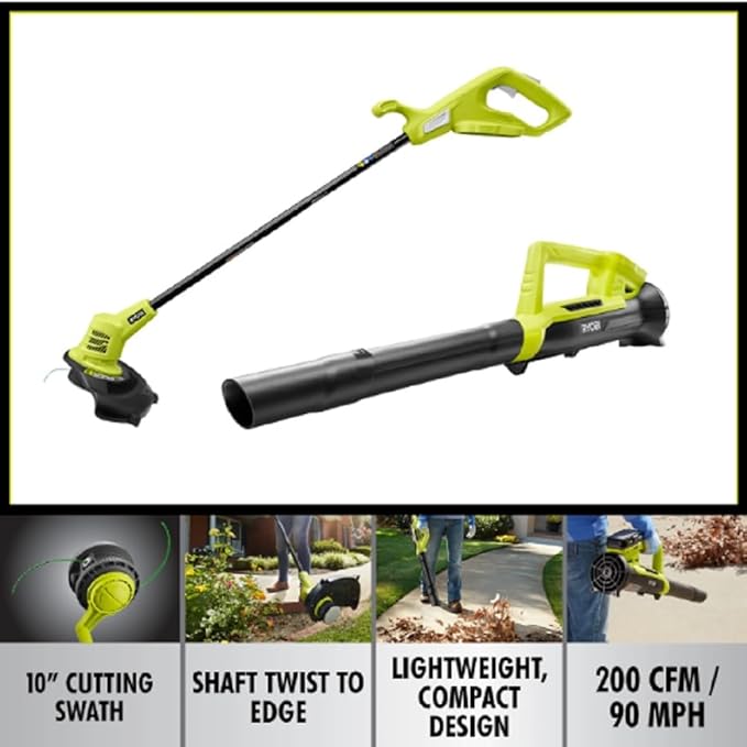 RYOBI 18V ONE+ 10-inch Cordless Battery String Trimmer and Blower with 2.0 Ah Battery and Charger
