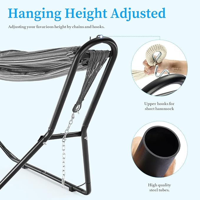 Zupapa Hammock with Stand 2 Person, Upgraded Steel Hammock Frame and Polycotton Hammock, 550LBS Capacity for Indoor Outdoor Use Blue White Stripes