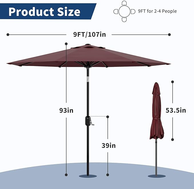 10Ft Patio Umbrella - 8 Sturdy Ribs Outdoor Table Umbrella with Crank Lift & Push Button Tilt - Market Umbrella for Pool, Deck, Yard, Garden - Turquoise
