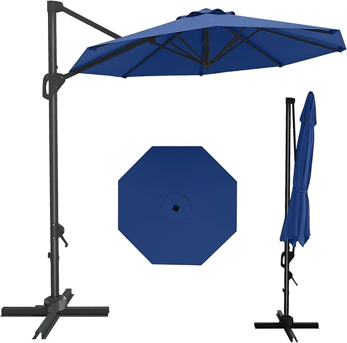 GarveeLife 10 ft Cantilever Umbrella Outdoor Patio Umbrella w/Base Included Market Offset Umbrella Sun Shade Windproof with 360-Degree Rotation for Patio Garden Deck Pool, Navy Blue