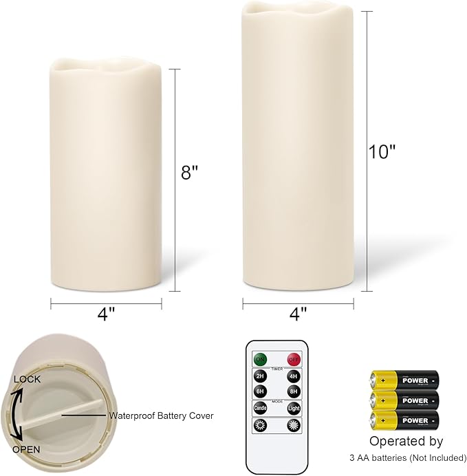 GenSwin Outdoor Candles with Remote Timer for Lanterns, 2 Pack IP65 Waterproof Flameless Candles Battery Operated, LED Pillar Candles for Indoor Outdoor Lanterns, Long-Lasting(4" x 10"&4"x8")