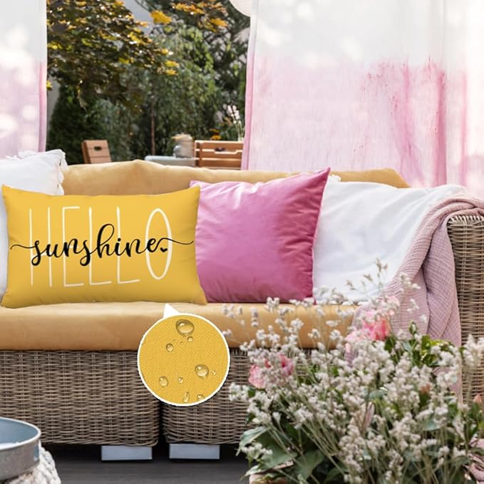 RABUSOFA Outdoor Waterproof Pillows Decorative Throw Pillows,12x20 Inch Hello Sunshine Summer Pillow Covers,Yellow Mustard Waterproof Pillow Cases for Patio Furniture Garden Spring(2-12)
