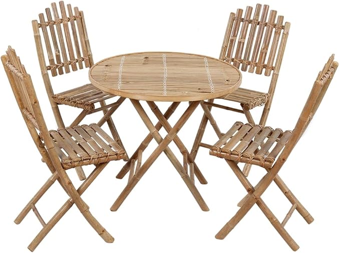 5 Piece Bamboo Folding Patio Dining Set with Cushions, Waterproof Outdoor Table and 4 Chairs for Garden Porch, Beige Seat Cushions Included, Space-Saving Alfresco Furniture