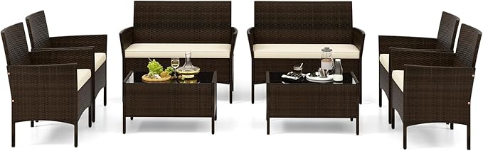 Tangkula 8 Piece Patio Rattan Conversation Set, Outdoor Wicker Furniture Set with Chair, Loveseat & Tempered Glass Table, Cozy Seat Cushions, Outside Sectional Sofa Set for Backyard, Porch (2, Beige)