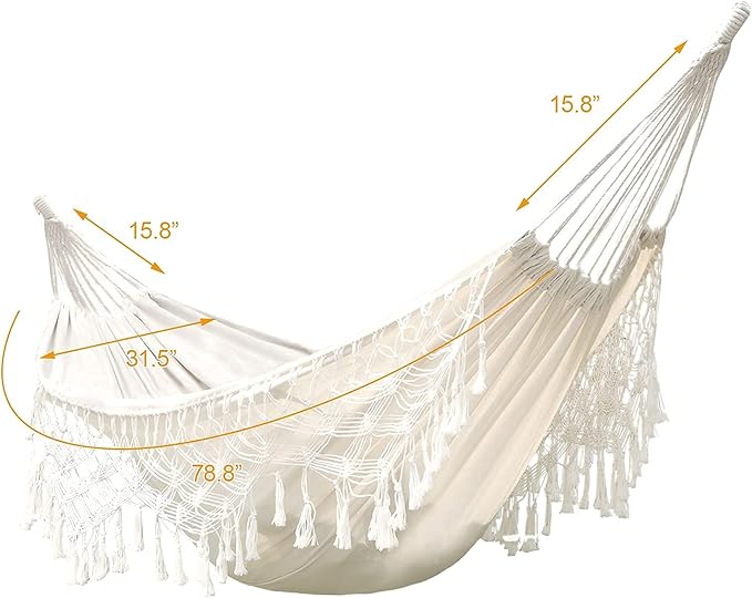 Hammock Boho Large Brazilian Macrame Fringe 2 Person Double Deluxe Hammock Swing,Perfect for Camping Outdoor/Indoor Patio Travel Bedroom Backyard(White)