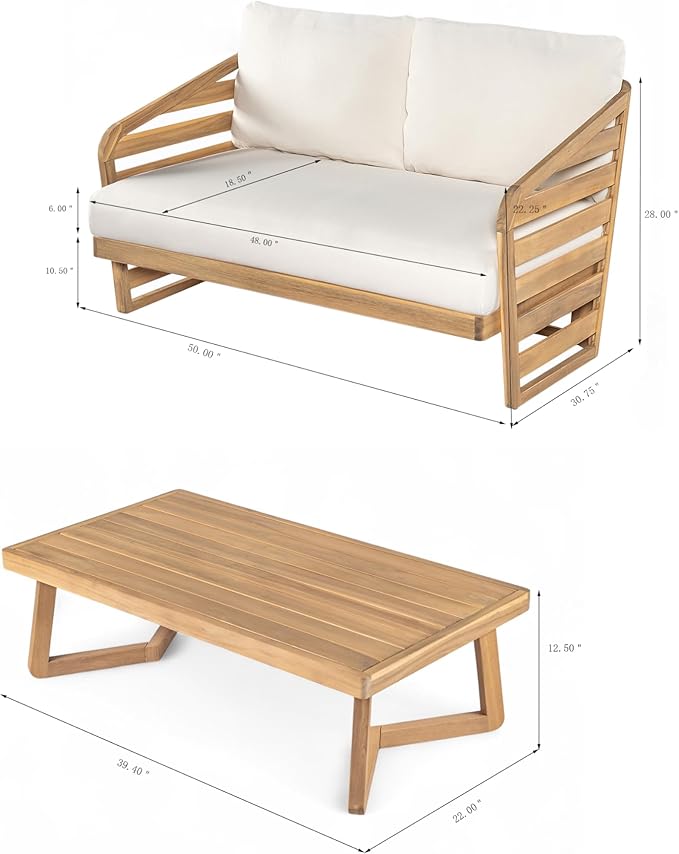 Christopher Knight Home Meiko Patio 2 Pieces Conversation Set, Acacia Wood Loveseat with Cushion and Coffee Table, Slat Panel Outdoor Sofa and Rectangular Table for Backyard Garden, Teak+Beige