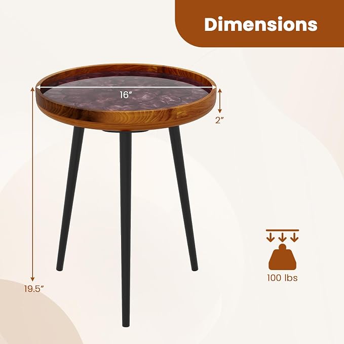 Giantex Outdoor Side Table, Round End Table with Epoxy Resin Finish, Sea Shell Decoration, Mahogany Wood Frame, Tray Top, Patio Side Table for Living Room, Pool, Yard, Porch (Brown, 16” x 16” x 19.5”)