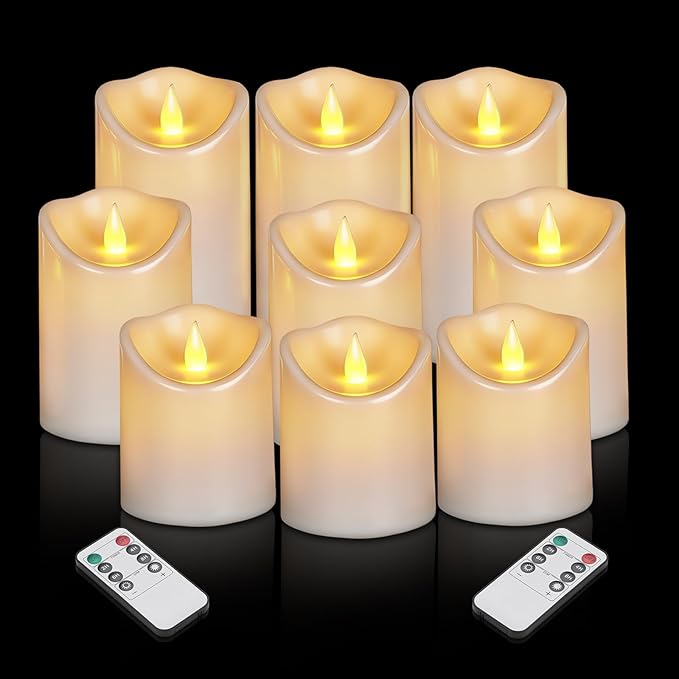 Flameless Candles 4" 5" 6" Outdoor Indoor Pillars Battery Operated Flickering Candles Include 10-Key Remote Timer 400+ Hours by 2 AA Batteries (White Candle - Warm light, 3"D x 4"|5"|6" H - 9 Pack)