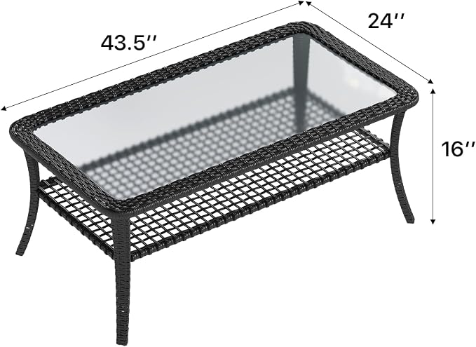 LazySunsets Outdoor Coffee Table with Storage Wicker Patio Coffee Table, Tempered Glass Top Table for Patio Outside Balcony Porch Deck, Black