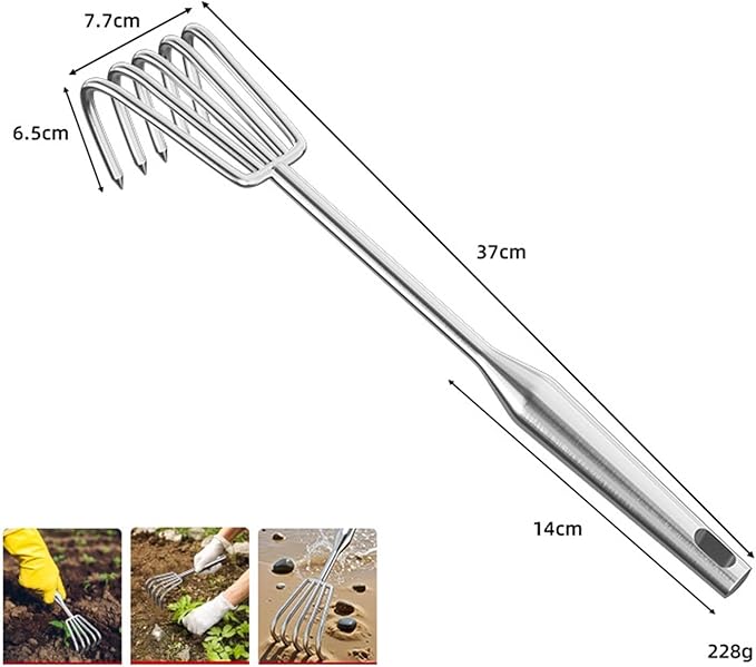 Hand Rake Stainless Steel Heavy Duty Garden Rake Weeding Tool Ergonomic Claw Rake Soil Tiller Portable Planting Rake Suitable for Flower Beds Yard Wor, 5 Tine Long Handle