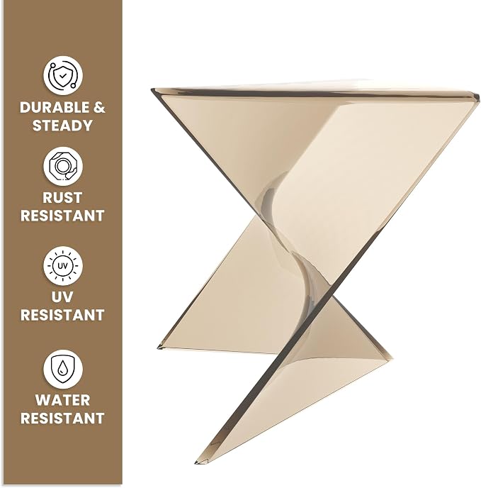 LeisureMod 15.75" Stackable Weather-Resistant Plastic Triangular Side Table - Transparent Amber Accent End Table for Indoor & Outdoor Use