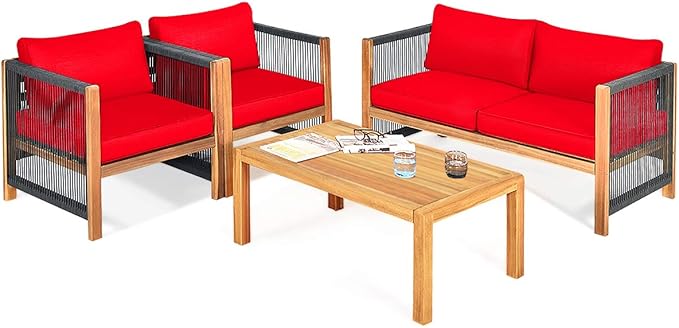 Tangkula Outdoor Wood Furniture Set, Acacia Wood Frame Loveseat Sofa, 2 Single Chairs and Coffee Table, 4 Pieces Conversation Set with Cushions, Garden Balcony Poolside Outdoor Living Set (1, Red)