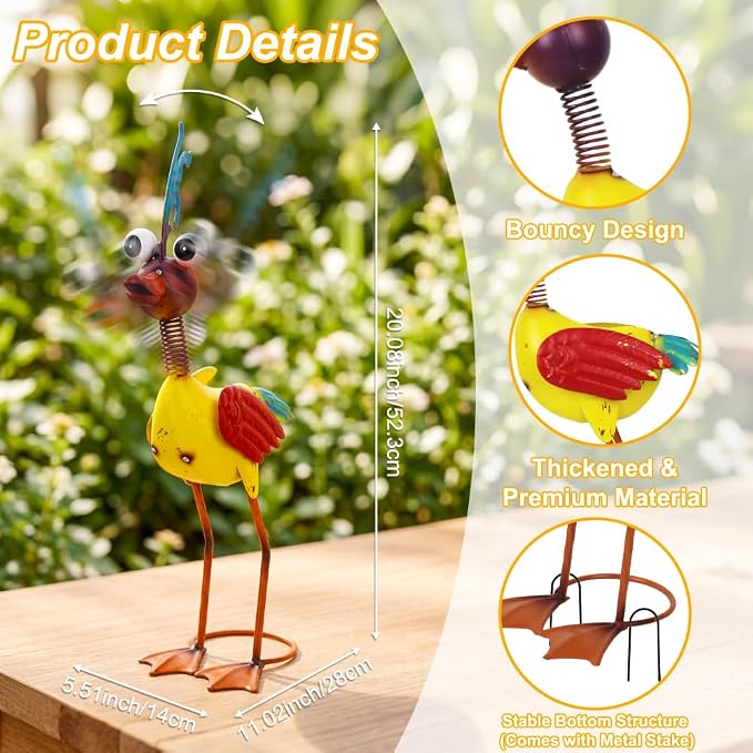 Metal Wacky Rooster Garden Statue for Patio, Backyard, Lawn | 20'' Rooster Decor, Waterproof Yard Statue Decorations Outdoor, Chicken Yard Art, Gold