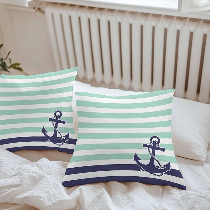 Throw Pillow Covers 16x16 Inch Set of 2, Anchor Aqua Waterproof Outdoor Cushion Covers, Modern Navy Blue White Striped Nautical Decorative Pillowcases for Couch, Sofa, Bed, Garden, Patio