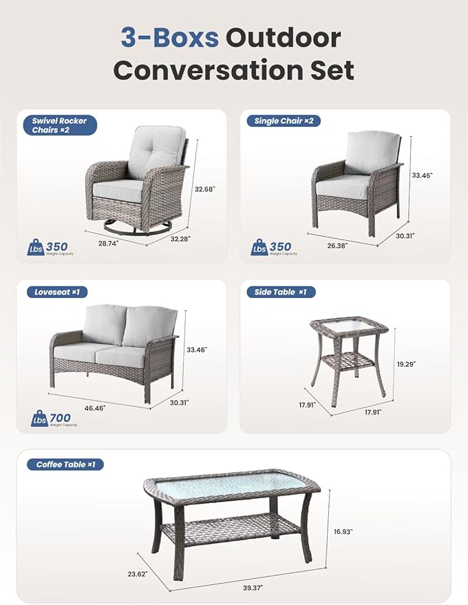 7-Piece Outdoor Patio Furniture Set with Swivel Chairs, Outdoor Conversation Wicker Sofa with Coffee Table, Rattan Couch for Deck Yard Poolside, Grey
