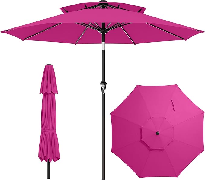 AreShark 10ft 2 Tiers Patio Umbrella - Outdoor Umbrella Waterproof UV Protection, Market Table Umbrella w/Push Button Tilt&Crank for Pool, Porch, Garden(Rose Pink)