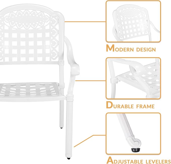 7-Piece Outdoor Patio Dining Set, 60” Rectangular Cast Aluminum Dining Table with Umbrella Hole and 6 Outdoor Dining Chairs, Patio Funiture Set for Backyard, Patio, Garden, White