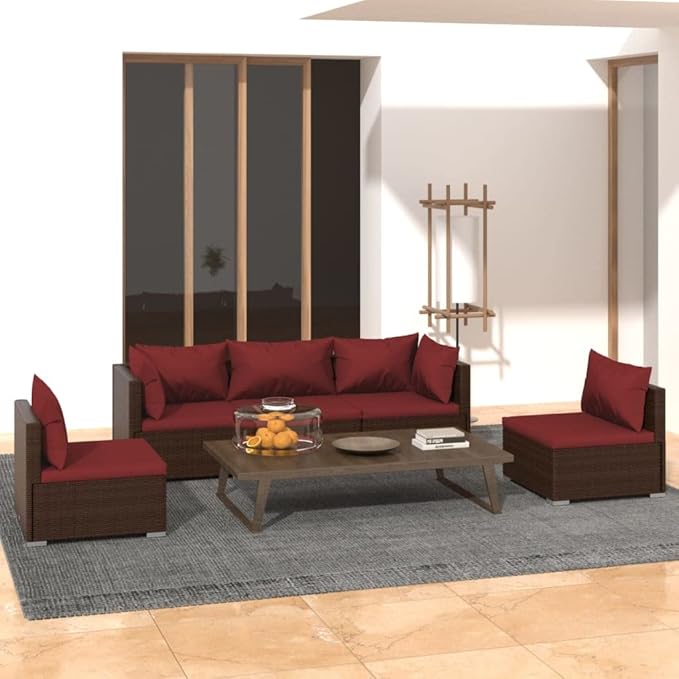5 Piece Patio Lounge Set with Cushion, Furniture Conversation Sets Patio Lounge Set Outdoor Patio Sectional Piece Patio Set s Poly Rattan Brown
