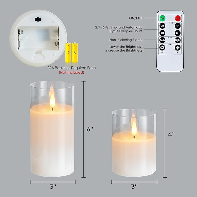 Amagic 3"x4"6" Clear Glass Flameless Candles Battery Operated with Timer, Remote Control, LED Pillar Candles, Battery Powered, Valentine's Day Decor, Pure White Wax, Set of 2
