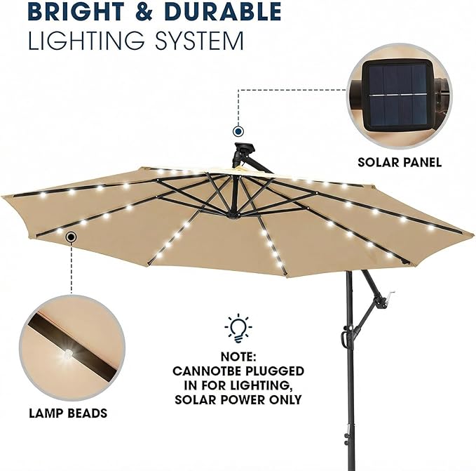 wikiwiki 10ft Solar LED Offset Patio Umbrella, Outdoor Cantilever Patio Umbrellas with Solor Lights for Backyard, Poolside and Garden, Easy Tilt Adjustment, 32 LED Lights & Polyester Shade, Tan