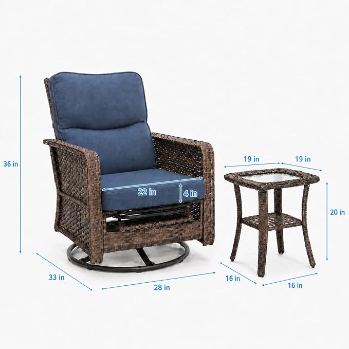 Yechen 3 Piece Outdoor Patio Wicker Chairs with Footrest and Adjustable Backrest, Furniture Set with 2 Swivel Chairs and Side Table, Thickened Seat Cushions for Porch Deck Backyard, Slate Blue