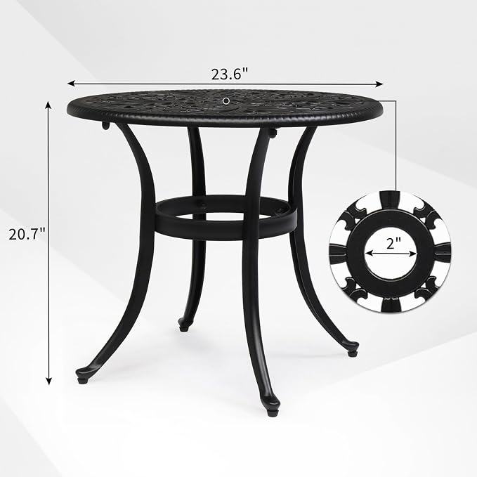 Outdoor Round Side Table with Classical Floral Design, 23.6” Aluminum Round Patio Table for Indoor & Outdoor Use, (Black)