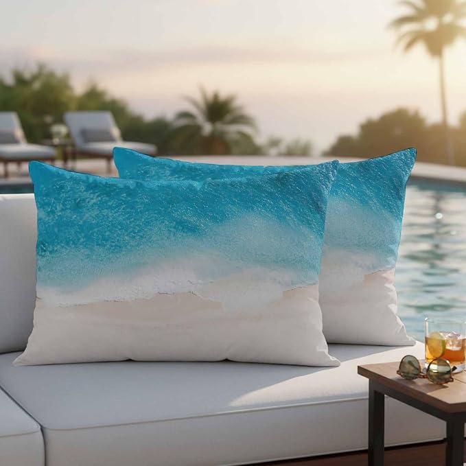 Pack of 2 Blue Beach Coastal Outdoor Pillow Covers Decorative, Ocean Seaside Waterproof Pillow Protector, Summer Nautical Lumbar Throw Pillowcases for Patio Couch Sofa Home Decor 20"x12"